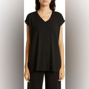 Eileen Fisher Stretch Jersey V-neck Long Boxy Top in Black; XS
